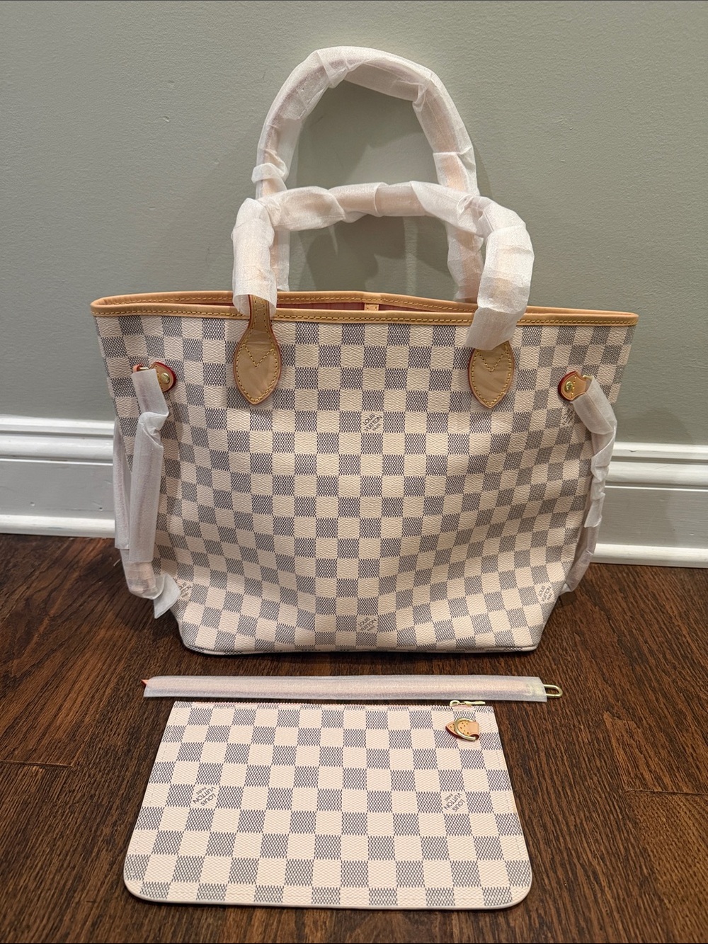 Beige Checkered Tote Bag with Wristlet